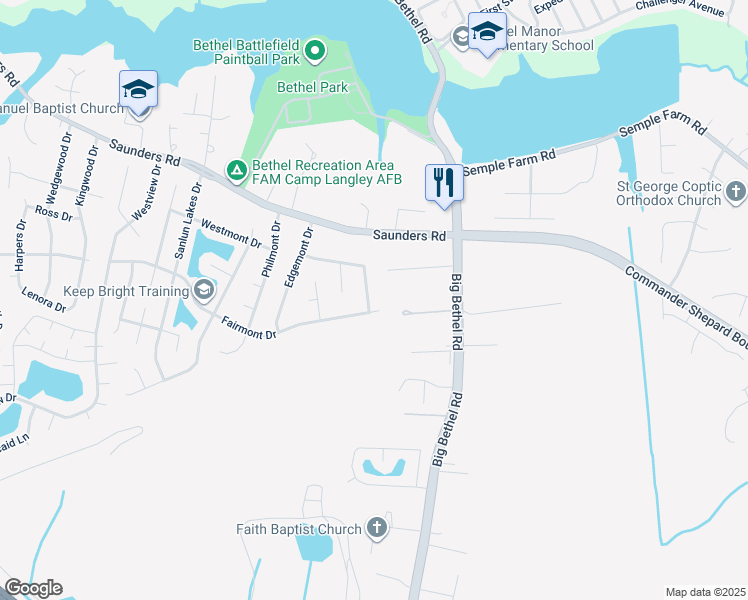 map of restaurants, bars, coffee shops, grocery stores, and more near 33 Newgate Village Road in Hampton