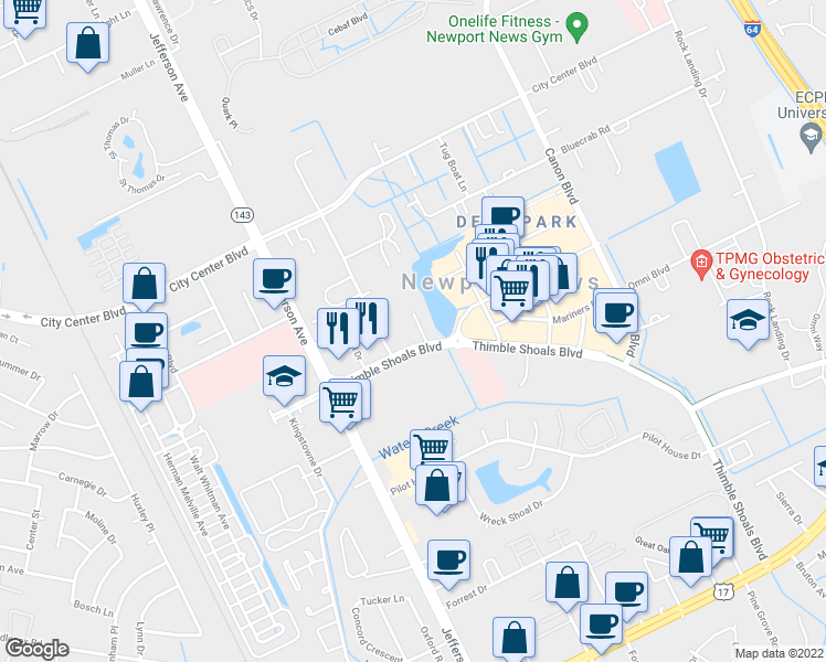 map of restaurants, bars, coffee shops, grocery stores, and more near 703 Thimble Shoals Boulevard in Newport News