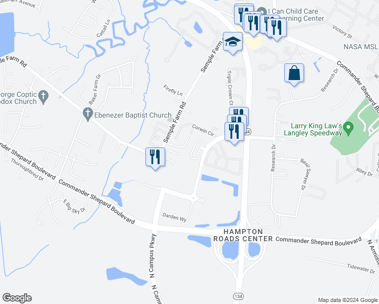 map of restaurants, bars, coffee shops, grocery stores, and more near 57 Madison Chase in Hampton