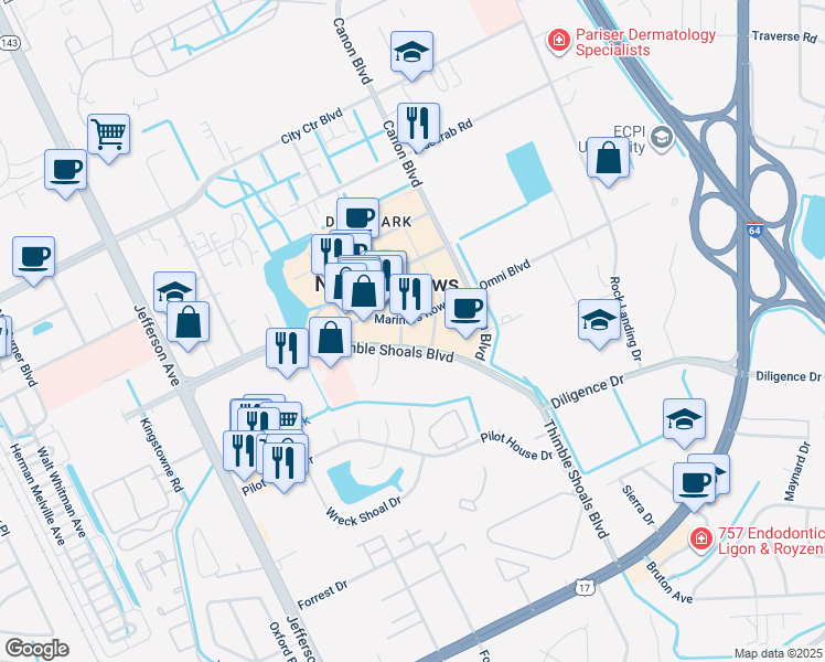 map of restaurants, bars, coffee shops, grocery stores, and more near 11810 Fountain Way in Newport News