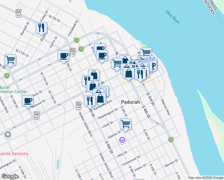 map of restaurants, bars, coffee shops, grocery stores, and more near 600 Broadway Street in Paducah