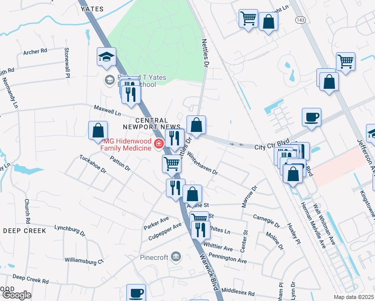 map of restaurants, bars, coffee shops, grocery stores, and more near 37 Sarah Court in Newport News