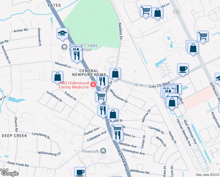 map of restaurants, bars, coffee shops, grocery stores, and more near 38 Sarah Court in Newport News