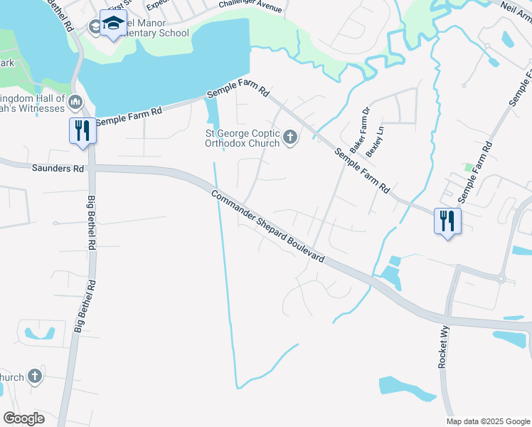 map of restaurants, bars, coffee shops, grocery stores, and more near 122 Clydesdale Court in Hampton