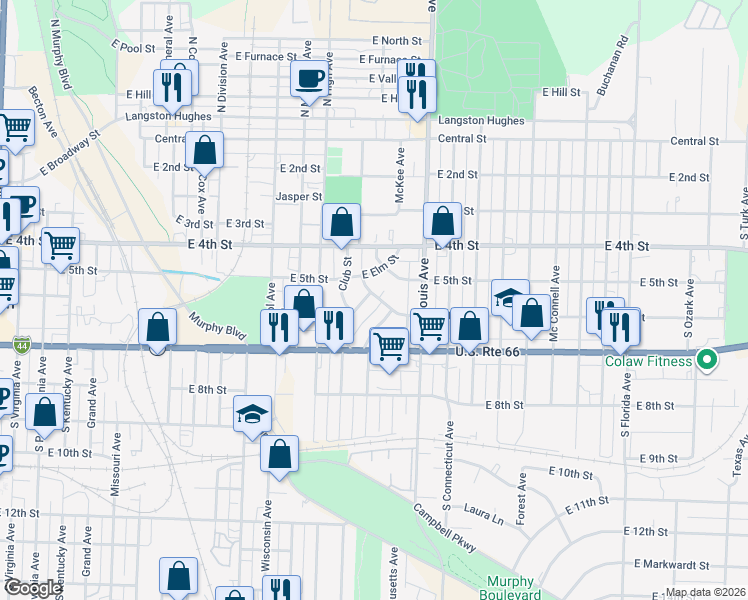 map of restaurants, bars, coffee shops, grocery stores, and more near 1501 East 6th Street in Joplin