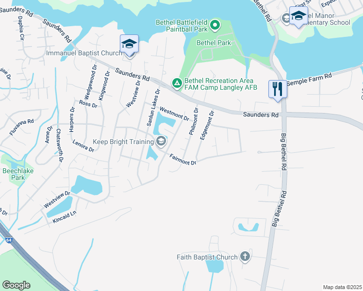 map of restaurants, bars, coffee shops, grocery stores, and more near 4 Goldmont Court in Hampton