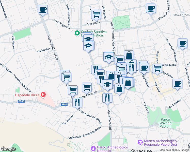 map of restaurants, bars, coffee shops, grocery stores, and more near 69 Viale Santa Panagia in Siracusa