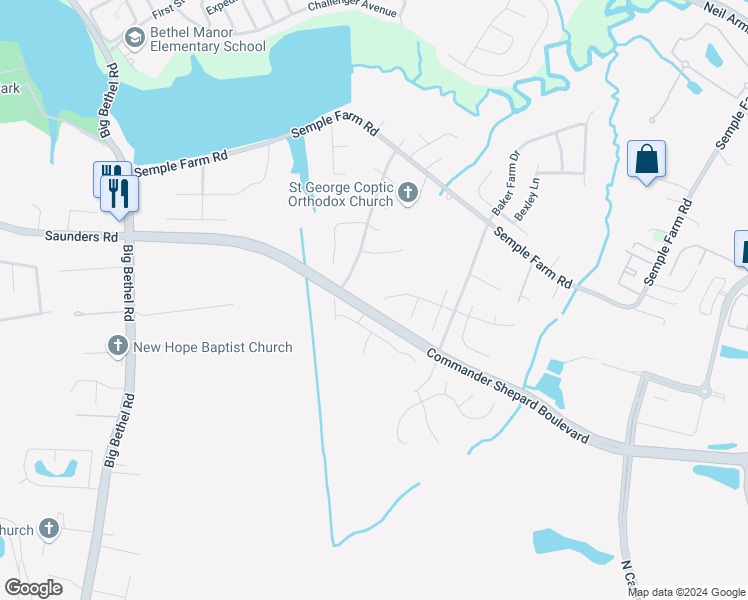 map of restaurants, bars, coffee shops, grocery stores, and more near 122 Clydesdale Court in Hampton