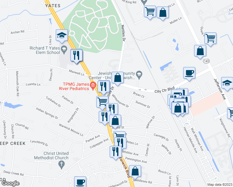 map of restaurants, bars, coffee shops, grocery stores, and more near 12630 Nettles Drive in Newport News