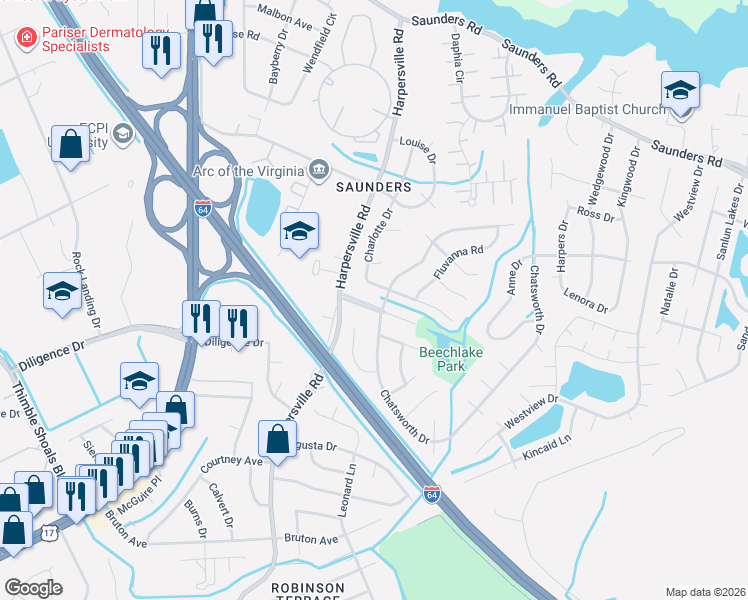 map of restaurants, bars, coffee shops, grocery stores, and more near 198 Charlotte Drive in Newport News