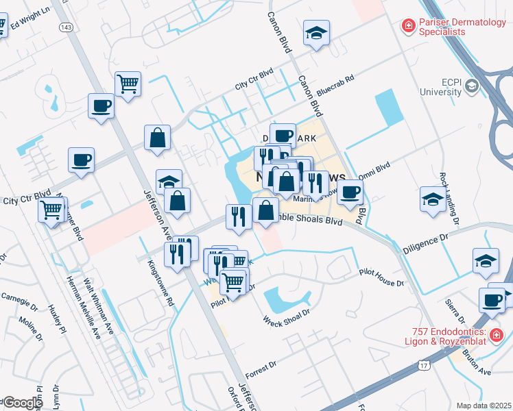 map of restaurants, bars, coffee shops, grocery stores, and more near 651 Town Center Drive in Newport News