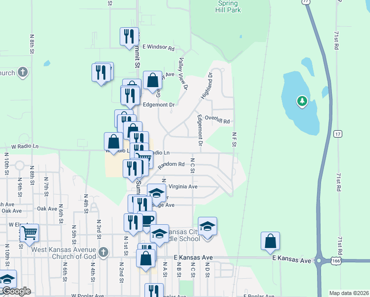 map of restaurants, bars, coffee shops, grocery stores, and more near 229 Greenway Road in Arkansas City