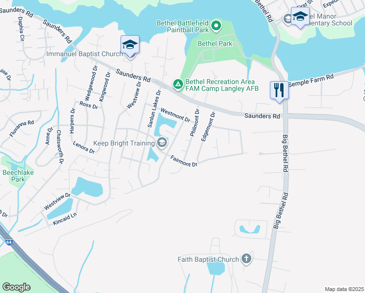 map of restaurants, bars, coffee shops, grocery stores, and more near 4 Goldmont Court in Hampton