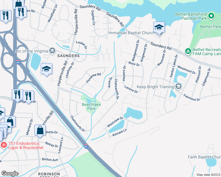 map of restaurants, bars, coffee shops, grocery stores, and more near 230 Anne Drive in Newport News