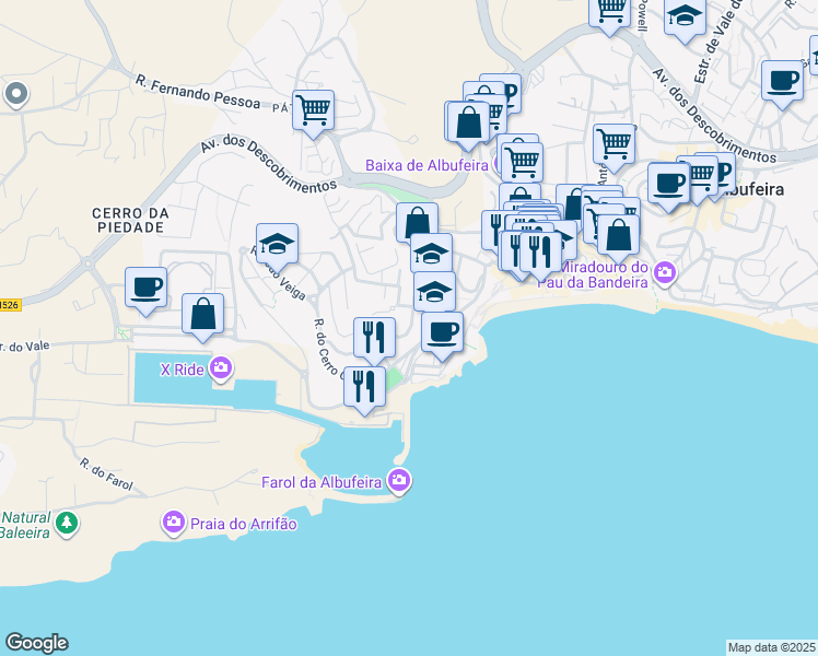 map of restaurants, bars, coffee shops, grocery stores, and more near 20 Rua Samora Barros in Albufeira