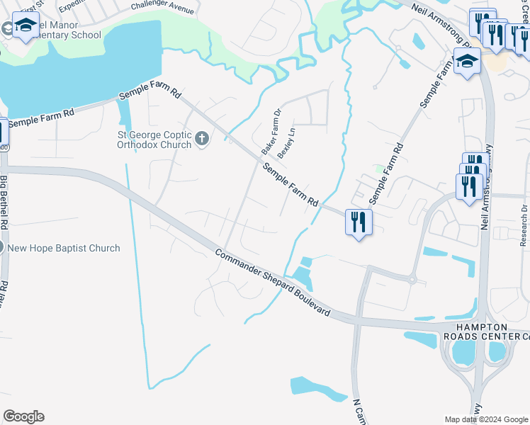 map of restaurants, bars, coffee shops, grocery stores, and more near 12 Kaitlyn Circle in Hampton