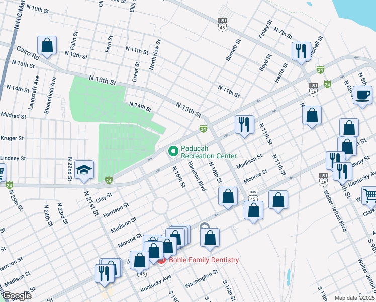 map of restaurants, bars, coffee shops, grocery stores, and more near 614 Harahan Boulevard in Paducah