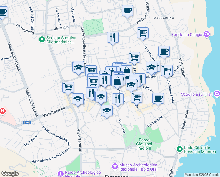 map of restaurants, bars, coffee shops, grocery stores, and more near 94 Viale Zecchino in Siracusa