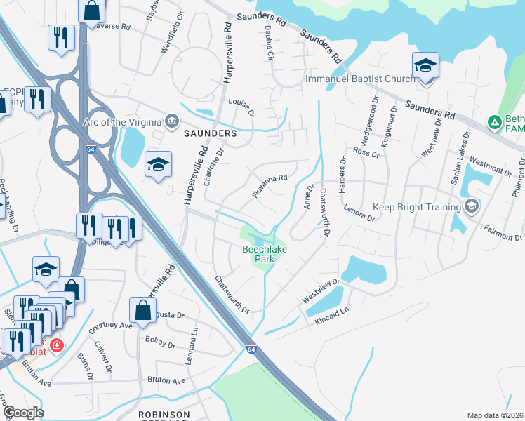 map of restaurants, bars, coffee shops, grocery stores, and more near 227 Brunswick Place in Newport News