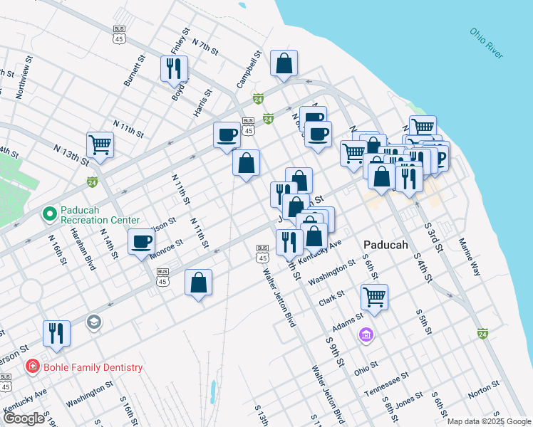 map of restaurants, bars, coffee shops, grocery stores, and more near 220 North 9th Street in Paducah