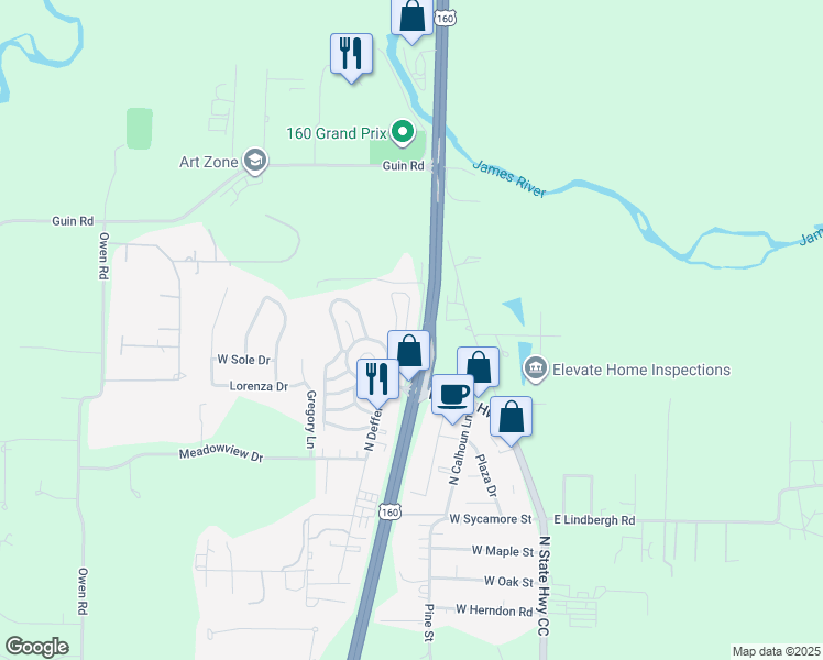 map of restaurants, bars, coffee shops, grocery stores, and more near 30 English Village Park in Nixa