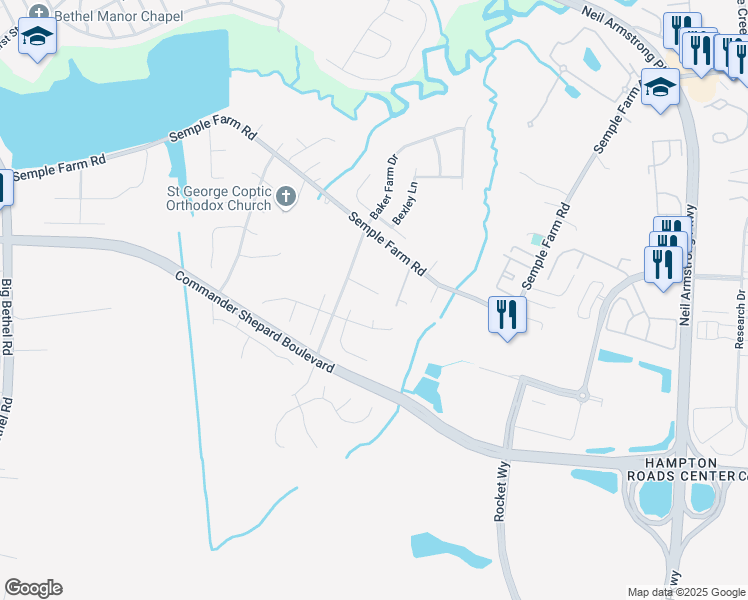 map of restaurants, bars, coffee shops, grocery stores, and more near 12 Kaitlyn Circle in Hampton