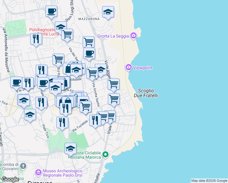 map of restaurants, bars, coffee shops, grocery stores, and more near Viale Algeri in Syracuse