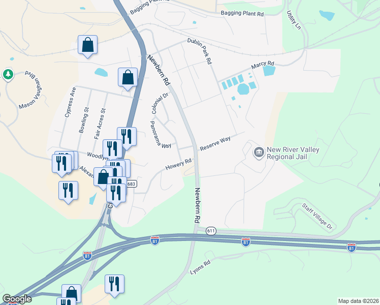 map of restaurants, bars, coffee shops, grocery stores, and more near 5165 Newbern Road in Dublin