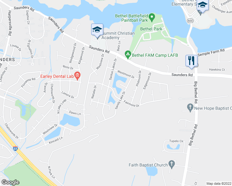 map of restaurants, bars, coffee shops, grocery stores, and more near 164 Fairmont Drive in Hampton