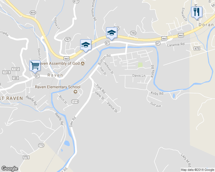 map of restaurants, bars, coffee shops, grocery stores, and more near 227 York Road in Raven