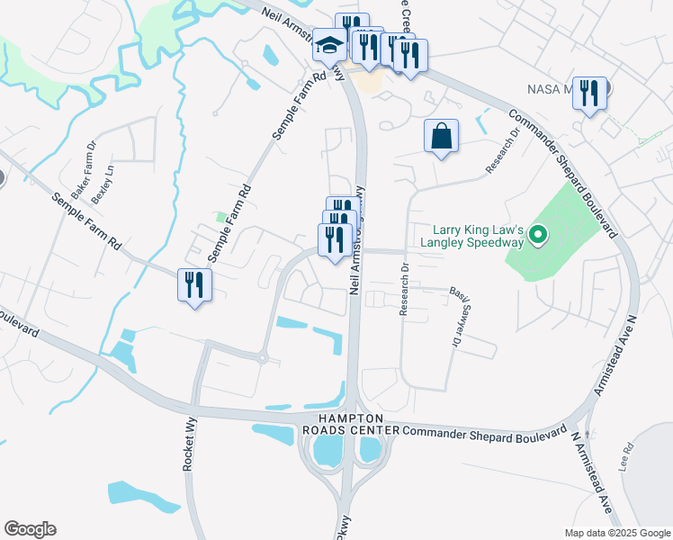 map of restaurants, bars, coffee shops, grocery stores, and more near 299 Floyd Thompson Boulevard in Hampton