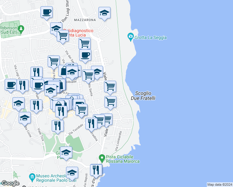 map of restaurants, bars, coffee shops, grocery stores, and more near 7 Via Corrado Ignazio Giuliano in Siracusa