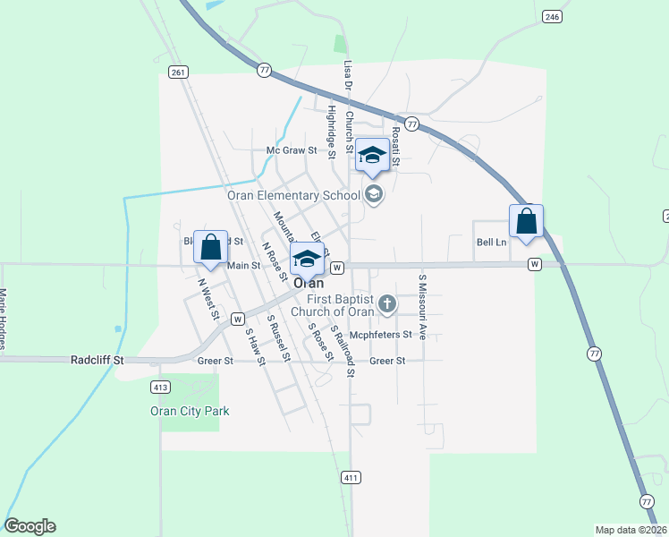 map of restaurants, bars, coffee shops, grocery stores, and more near State Route W in Oran