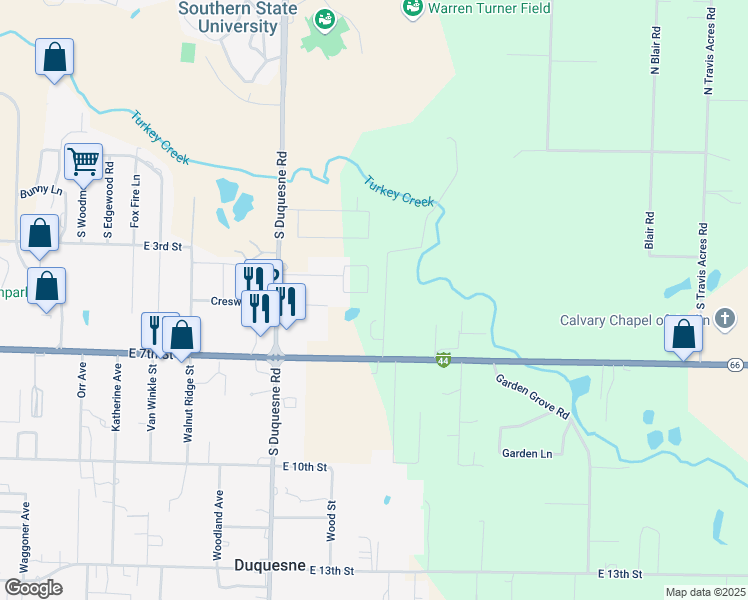 map of restaurants, bars, coffee shops, grocery stores, and more near 4213-4215 University Circle in Joplin