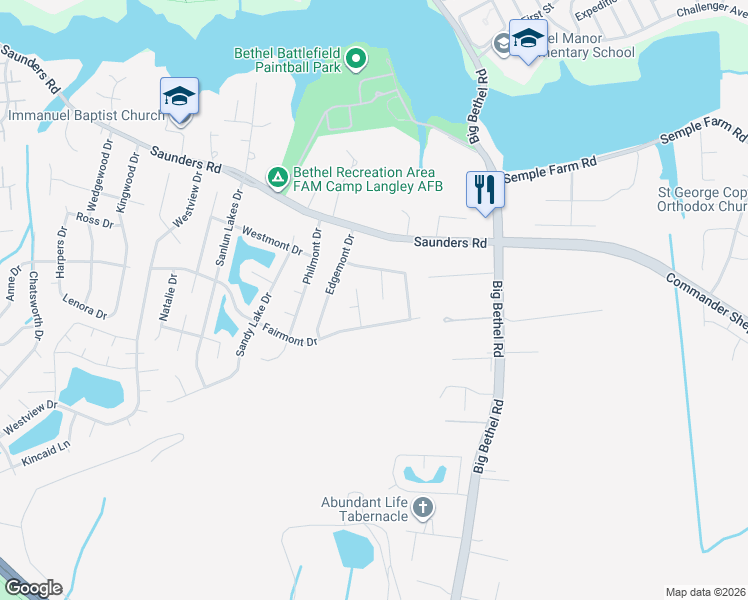 map of restaurants, bars, coffee shops, grocery stores, and more near 8 Ridgemont Circle in Hampton