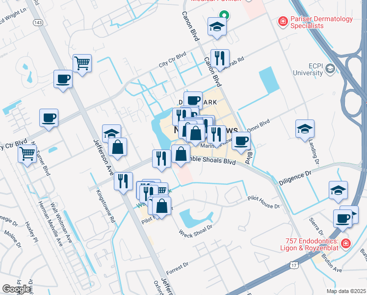 map of restaurants, bars, coffee shops, grocery stores, and more near 11820 Merchants Walk in Newport News