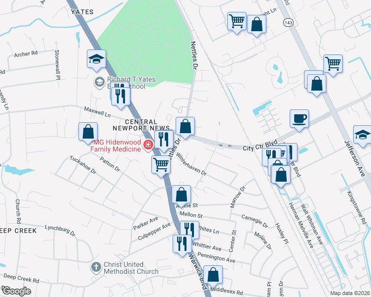 map of restaurants, bars, coffee shops, grocery stores, and more near 23 Sarah Court in Newport News