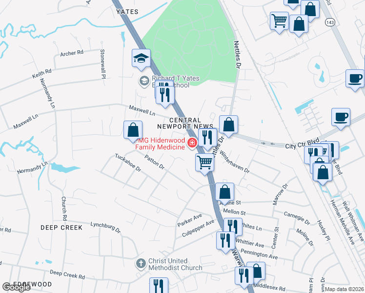 map of restaurants, bars, coffee shops, grocery stores, and more near 43 Saybrooke Court in Newport News