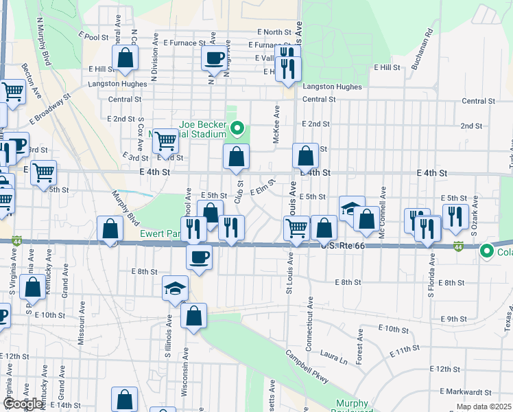 map of restaurants, bars, coffee shops, grocery stores, and more near 1501 E 6th St in Joplin