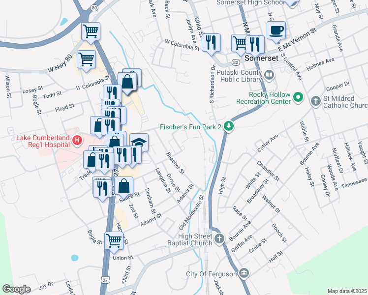 map of restaurants, bars, coffee shops, grocery stores, and more near 300 Pulaski Street in Somerset