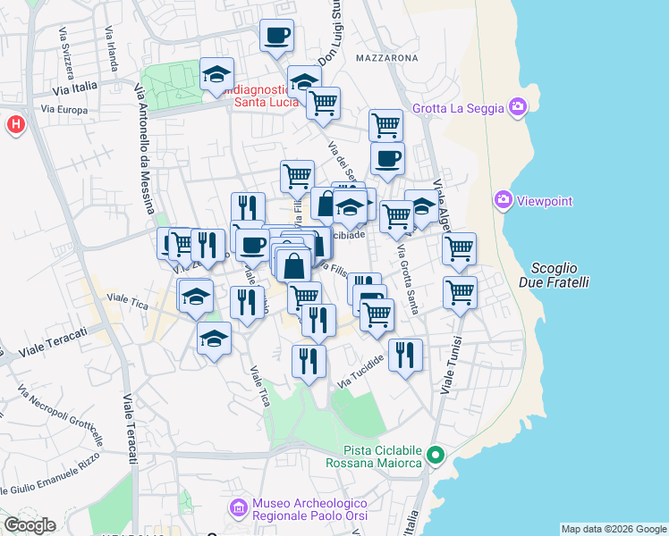 map of restaurants, bars, coffee shops, grocery stores, and more near 96 Via Filisto in Siracusa