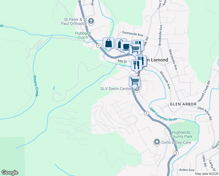 map of restaurants, bars, coffee shops, grocery stores, and more near 1425 Greenbank Drive in Ben Lomond