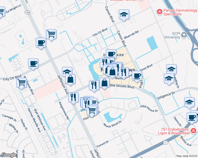 map of restaurants, bars, coffee shops, grocery stores, and more near 651 Town Center Dr in Newport News