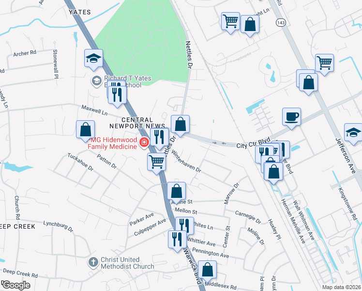 map of restaurants, bars, coffee shops, grocery stores, and more near 23 Sarah Court in Newport News