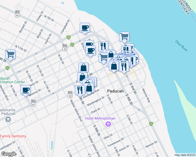 map of restaurants, bars, coffee shops, grocery stores, and more near 605 Broadway Street in Paducah