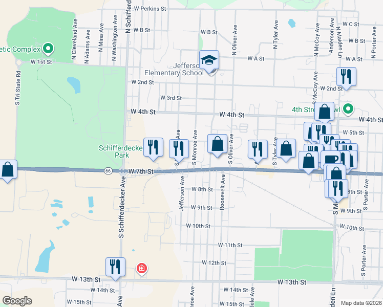 map of restaurants, bars, coffee shops, grocery stores, and more near 614 S Monroe Ave in Joplin