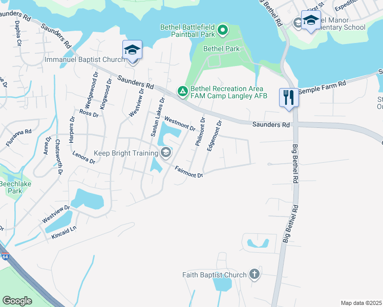 map of restaurants, bars, coffee shops, grocery stores, and more near 1 Delmont Court in Hampton