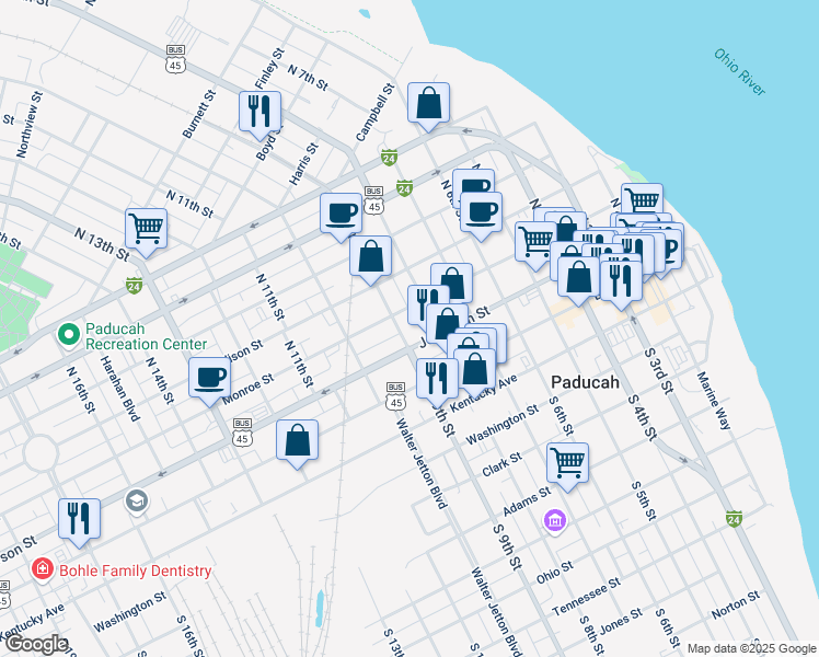 map of restaurants, bars, coffee shops, grocery stores, and more near 220 North 9th Street in Paducah