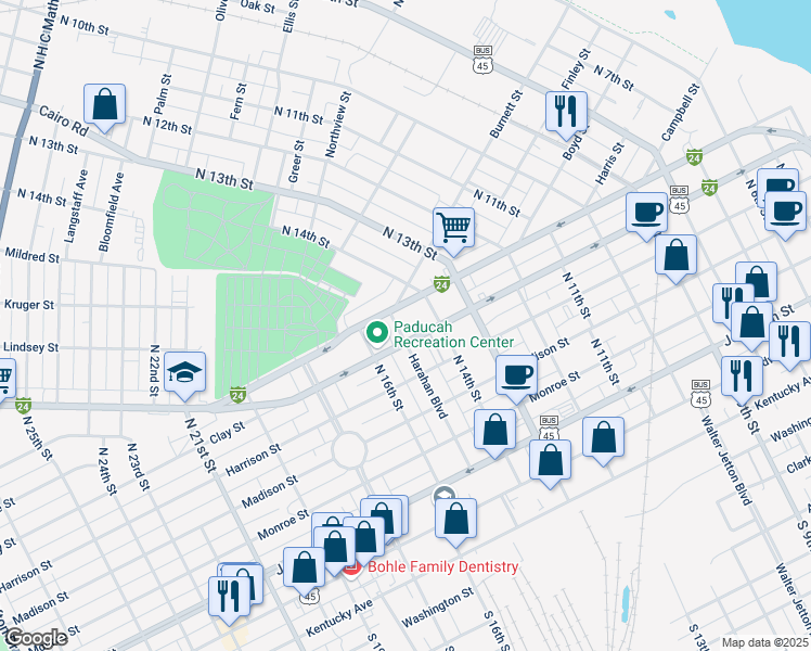 map of restaurants, bars, coffee shops, grocery stores, and more near 614 Harahan Boulevard in Paducah