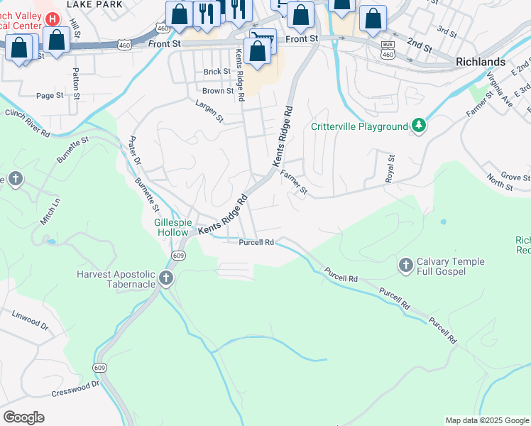 map of restaurants, bars, coffee shops, grocery stores, and more near 2416 Charles St in Richlands